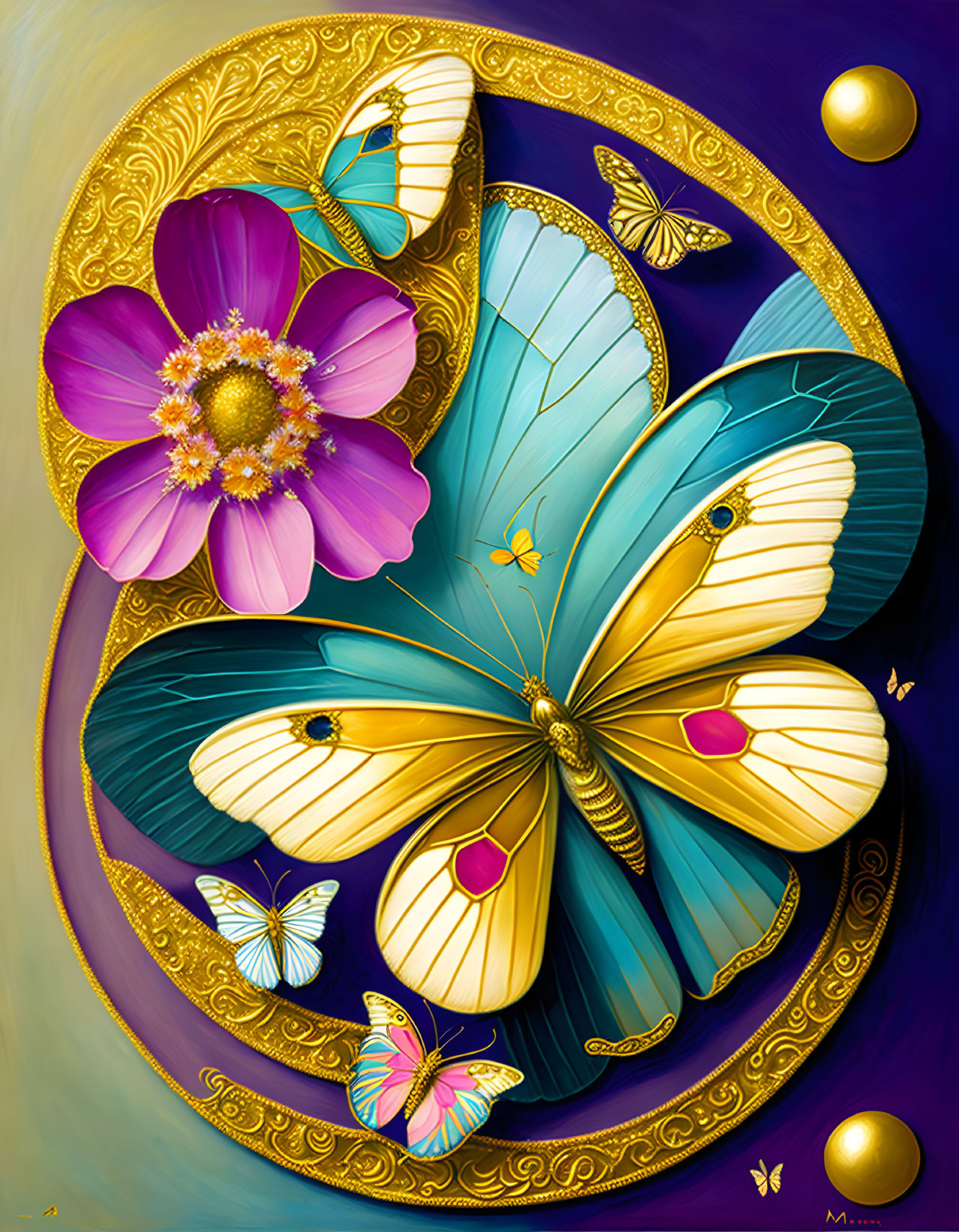 Colorful digital painting: Golden frame, cosmic scene, butterflies, flower on purple background