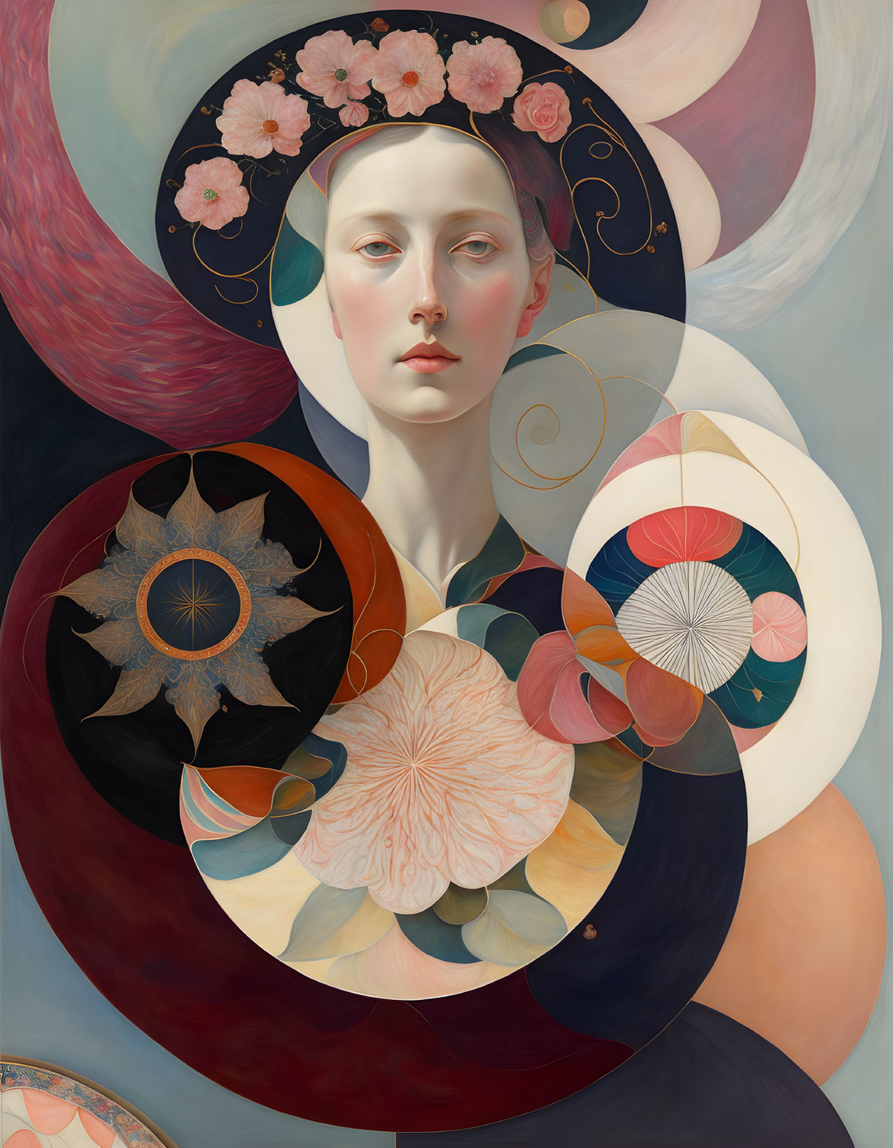 Surreal portrait of pale-skinned woman with floral designs