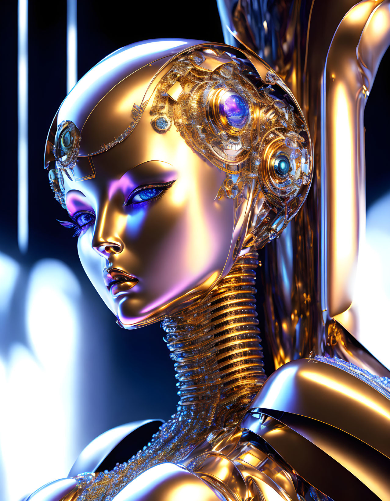 Detailed Golden Humanoid Robot with Transparent Cranium on Blue Background