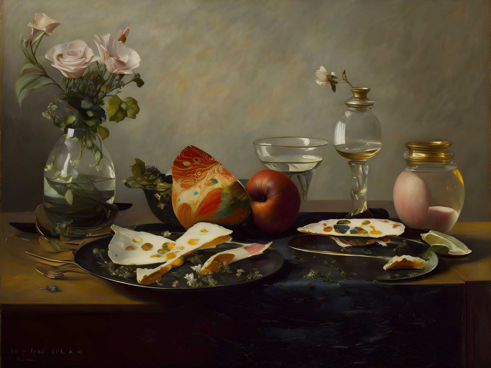 Table Still Life with Flowers, Apple, Wine, Cheese Toast & Honey Jar