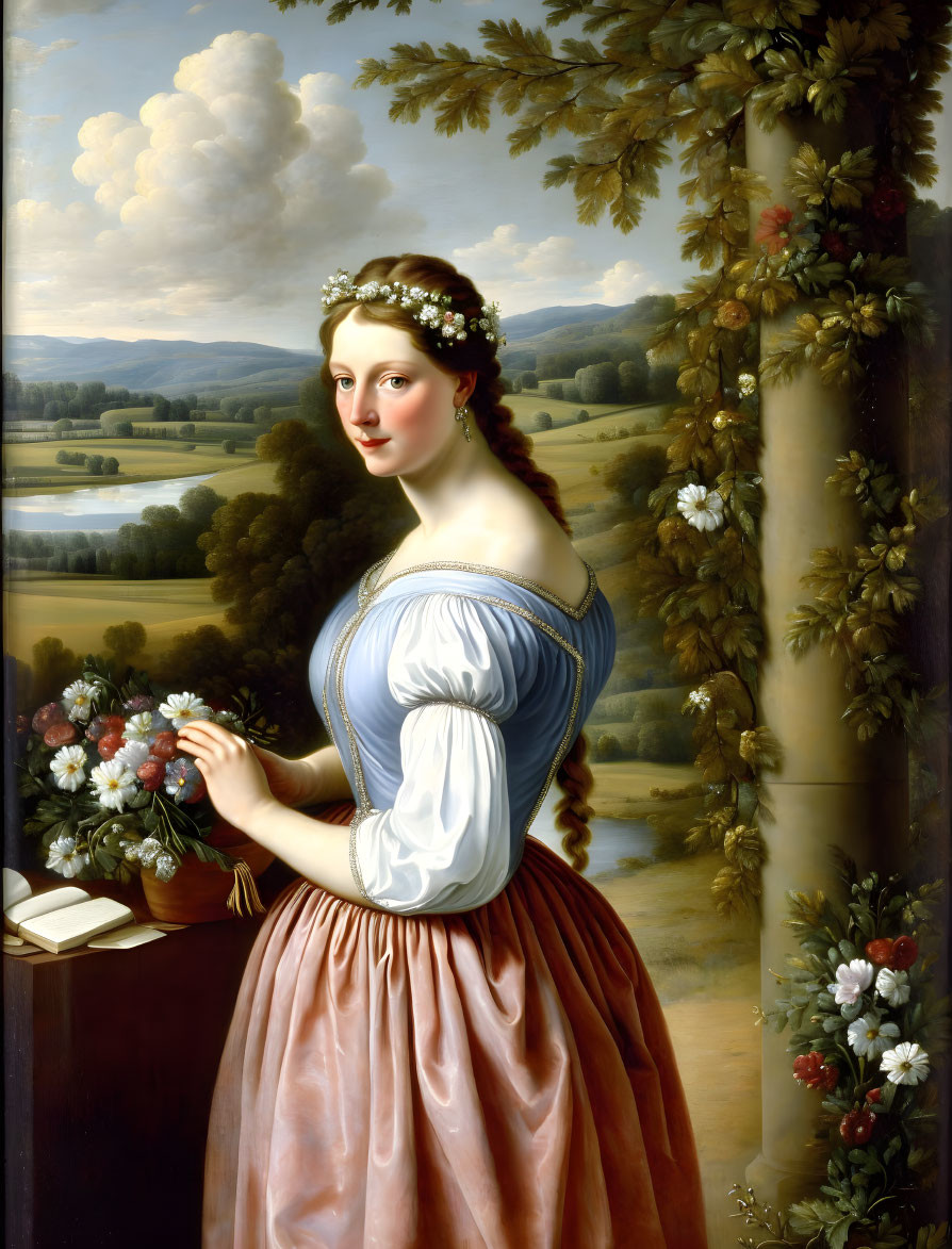 Classic painting of woman in blue bodice and pink skirt with flowers and open book in pastoral landscape.