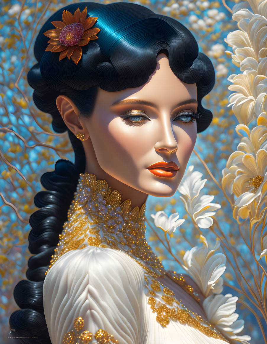 Portrait of Woman with Black Hair and Flower, Golden Eyeshadow, White Dress with Gold Embell