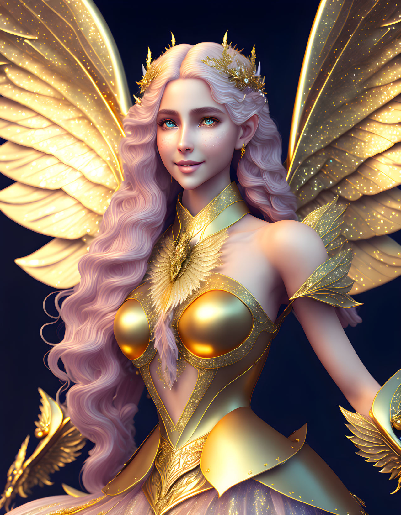 Mystical fairy digital art with gold wings and lilac hair