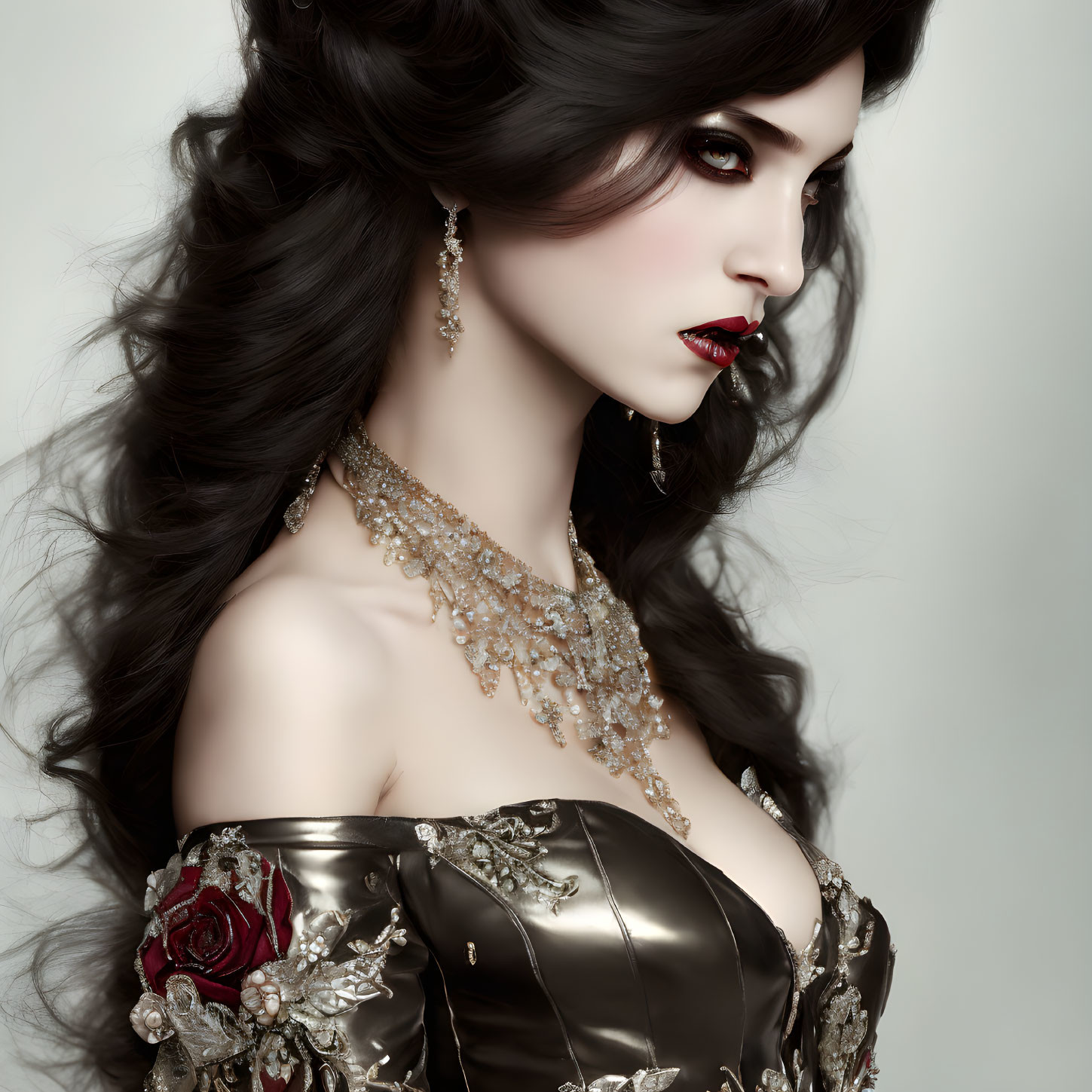 Elaborate makeup and rose-accented gown on a woman with dark hair