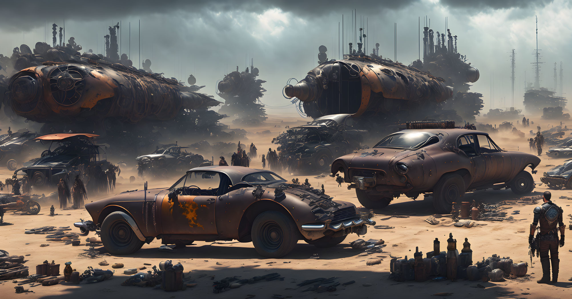 Desolate post-apocalyptic landscape with spacecraft, cars, and solitary figure