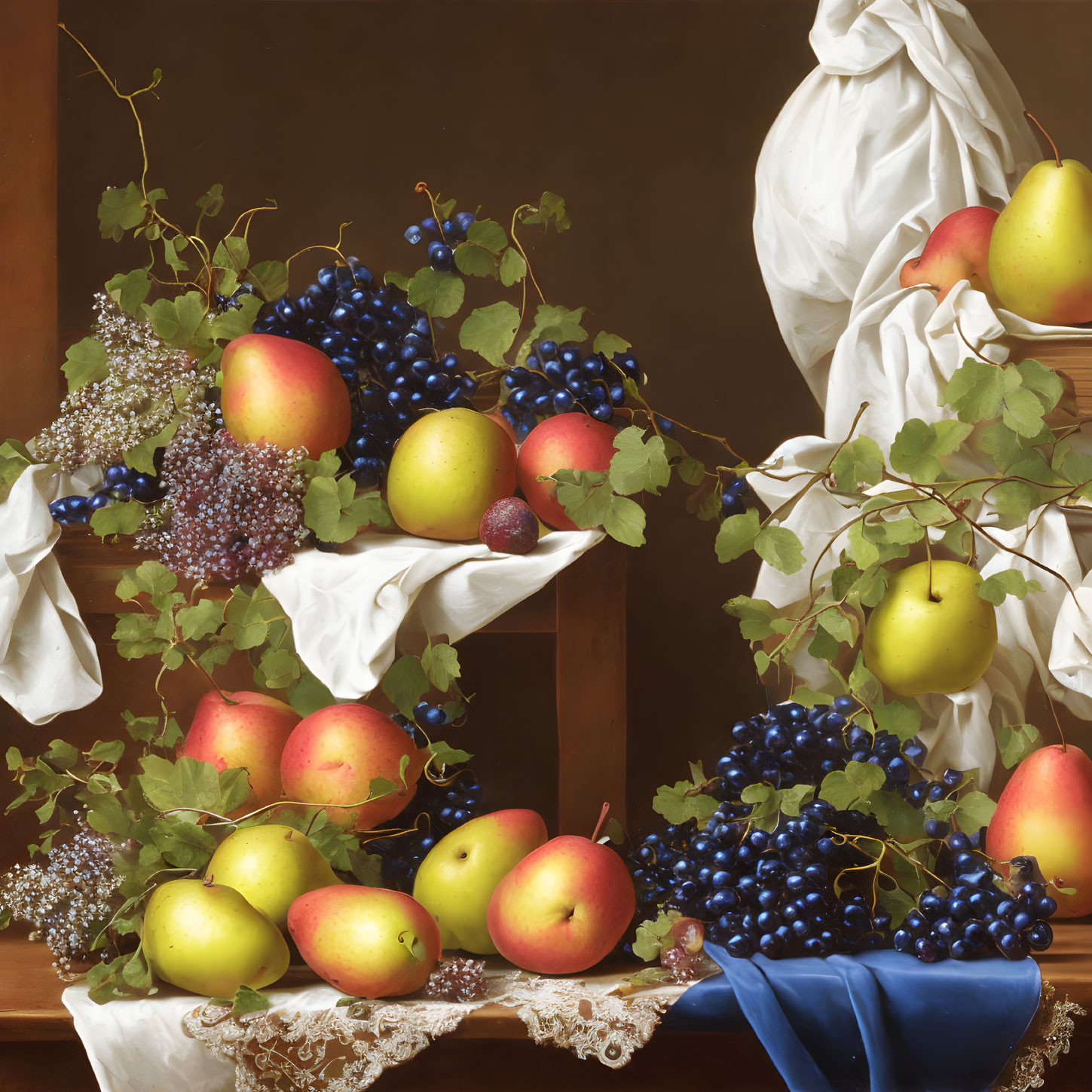 Classic still life painting: fruits, fabrics, lace on wooden shelf.