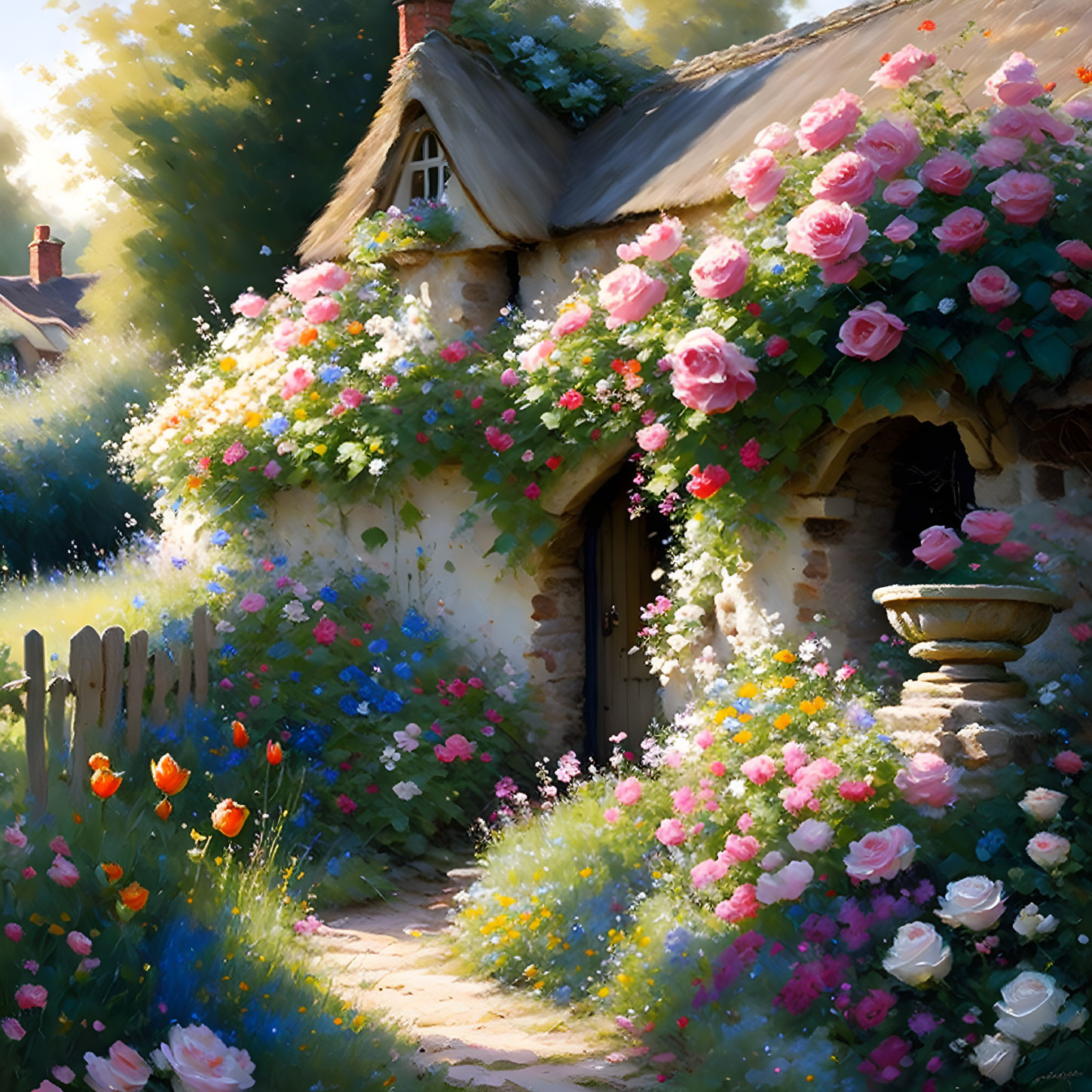 Charming cottage in lush garden with blooming roses