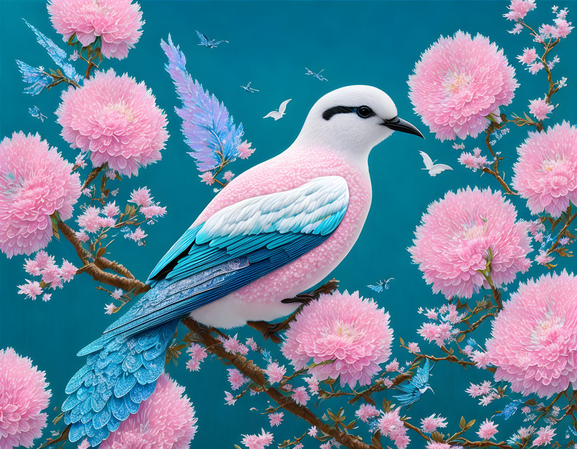 Colorful bird perched on branch surrounded by pink blossoms in blue background