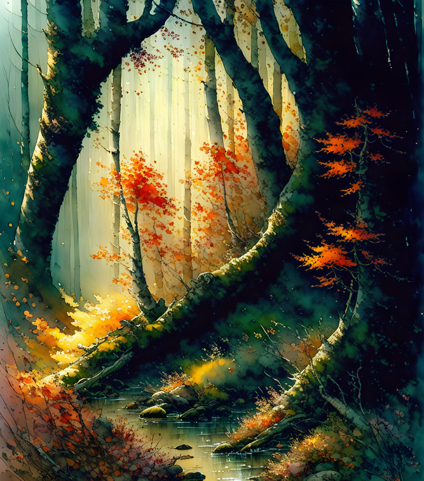 Tranquil autumn forest scene with sunlight, tall trees, and flowing stream