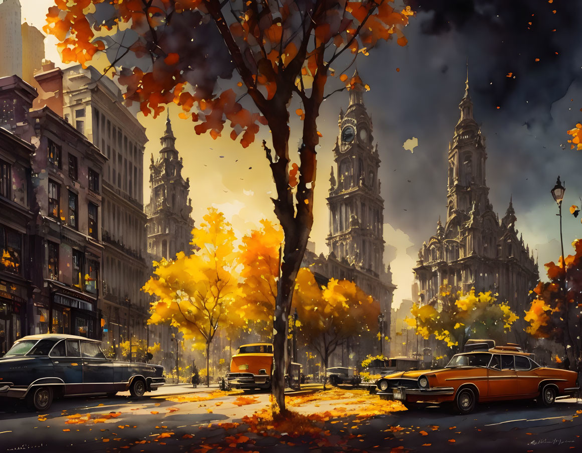 Vintage city street in autumn with classic cars, orange leaves, historic buildings