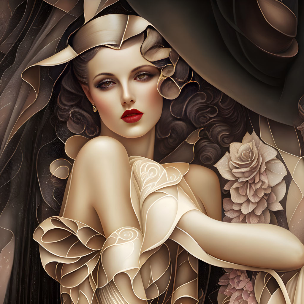 Sophisticated woman illustration with floral elements and red lips