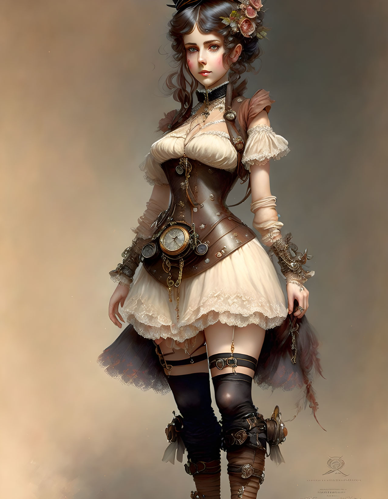 Steampunk-inspired female character with clockwork accessories and Victorian-industrial outfit.