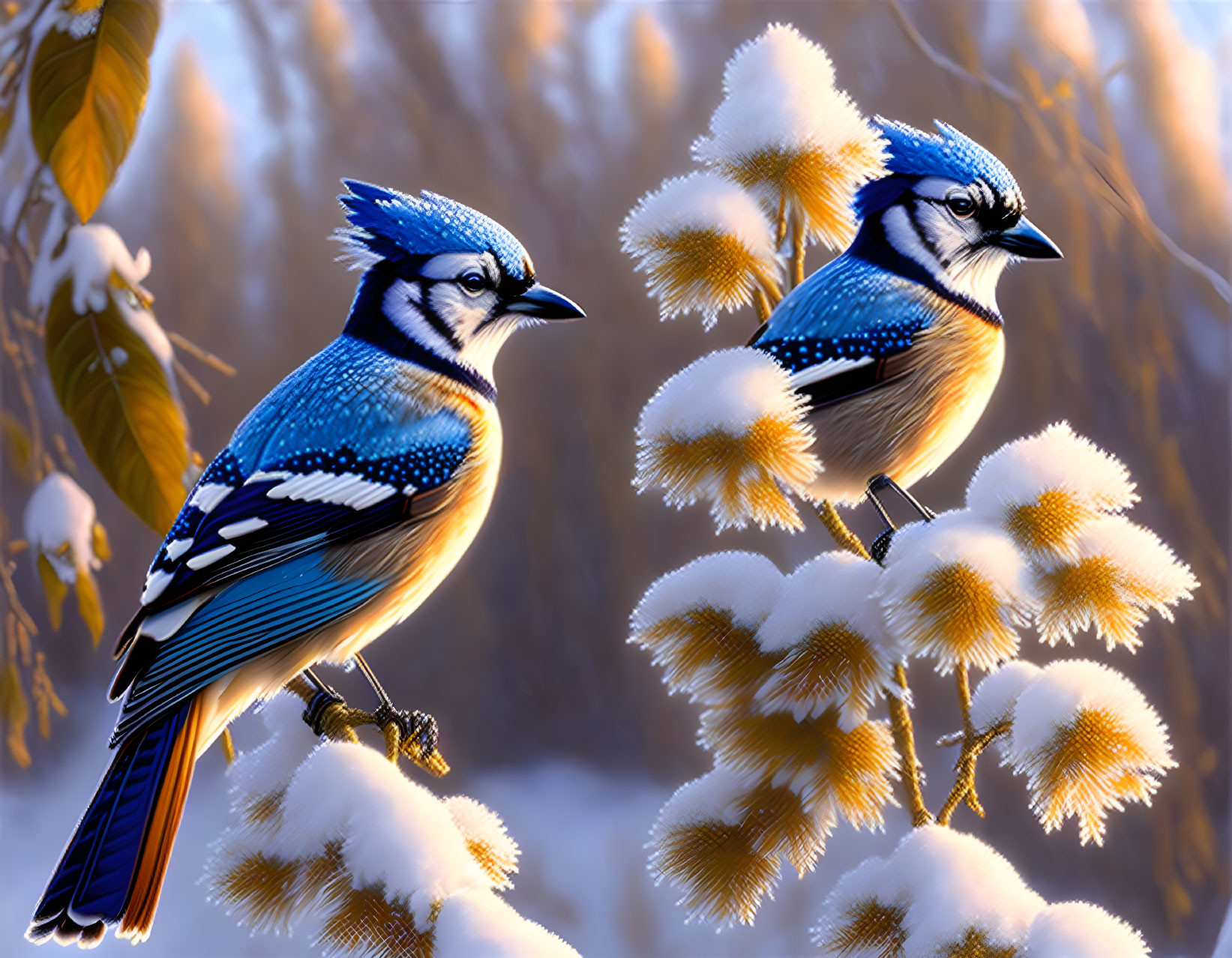 Vibrant blue jays on snowy branches in wintry scene