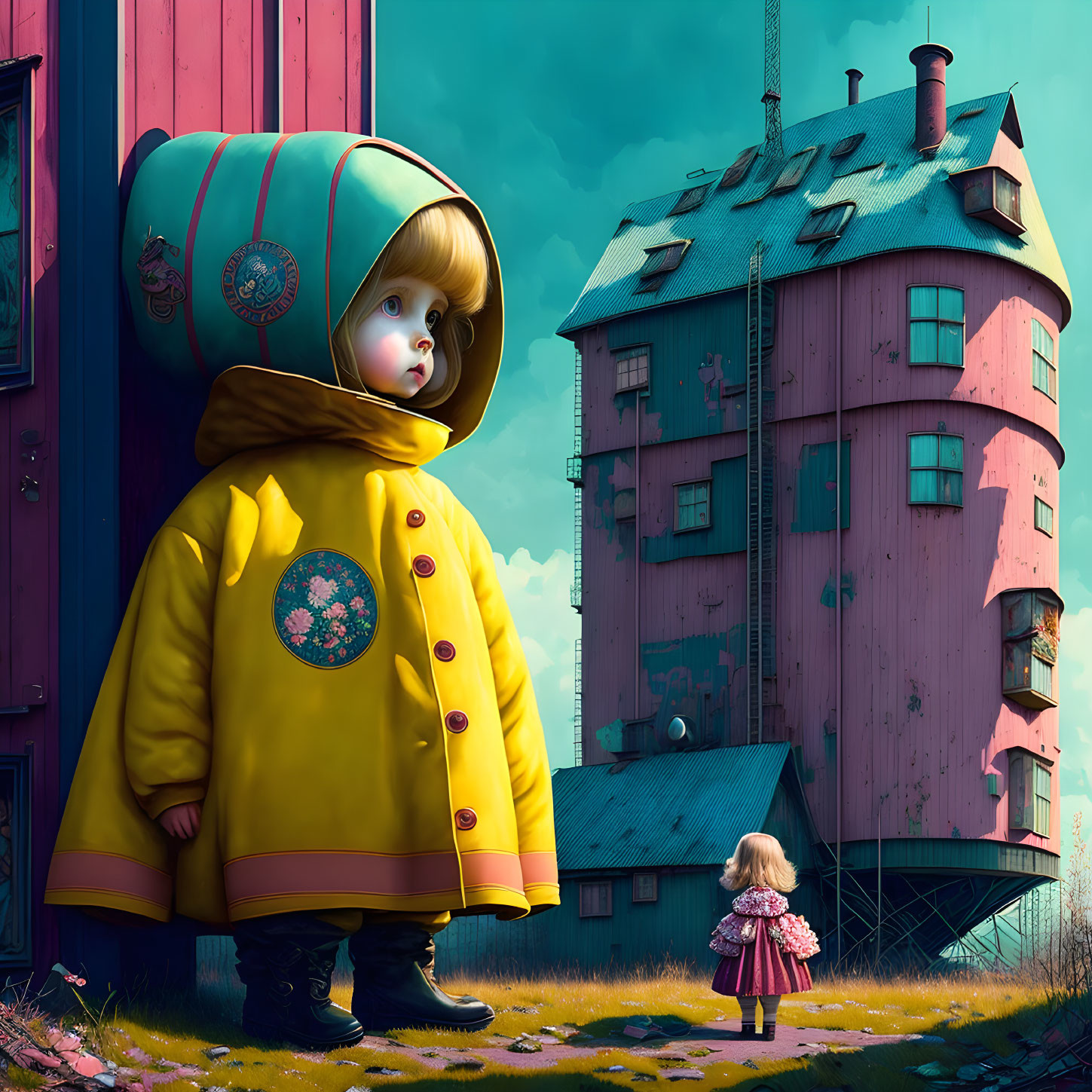 Digital artwork: Giant child in yellow raincoat by pink house with smaller version.