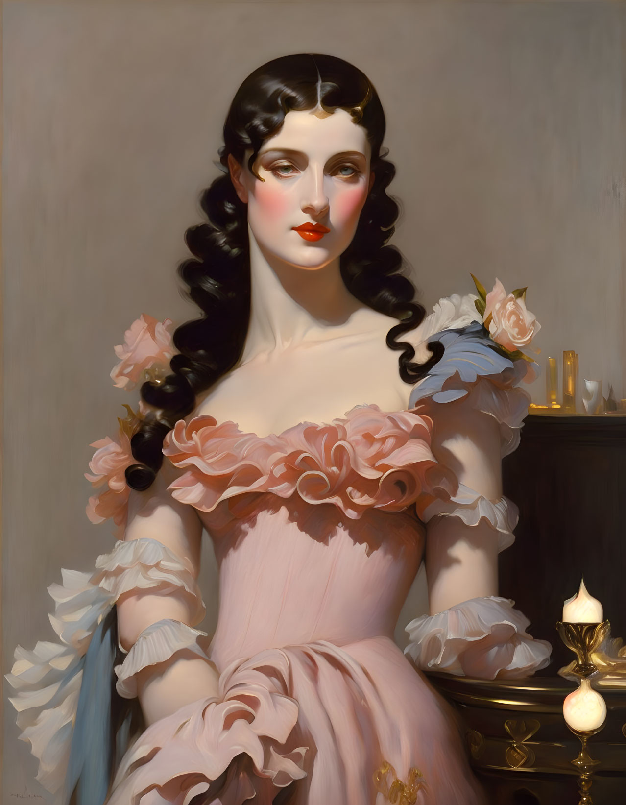 Portrait of woman with dark curled hair in pink dress with ruffled collar and white trim, rose on