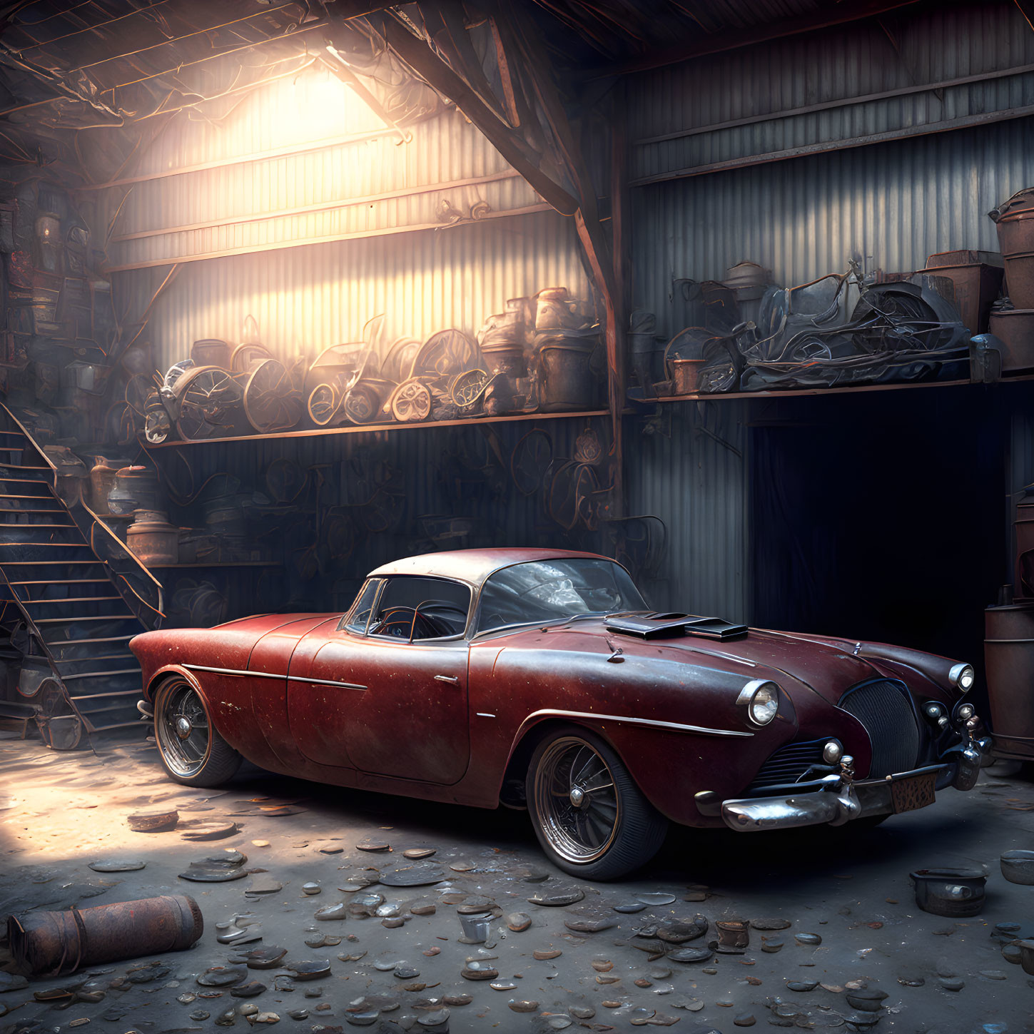 Vintage red car in dusty garage with auto parts under sunlight.