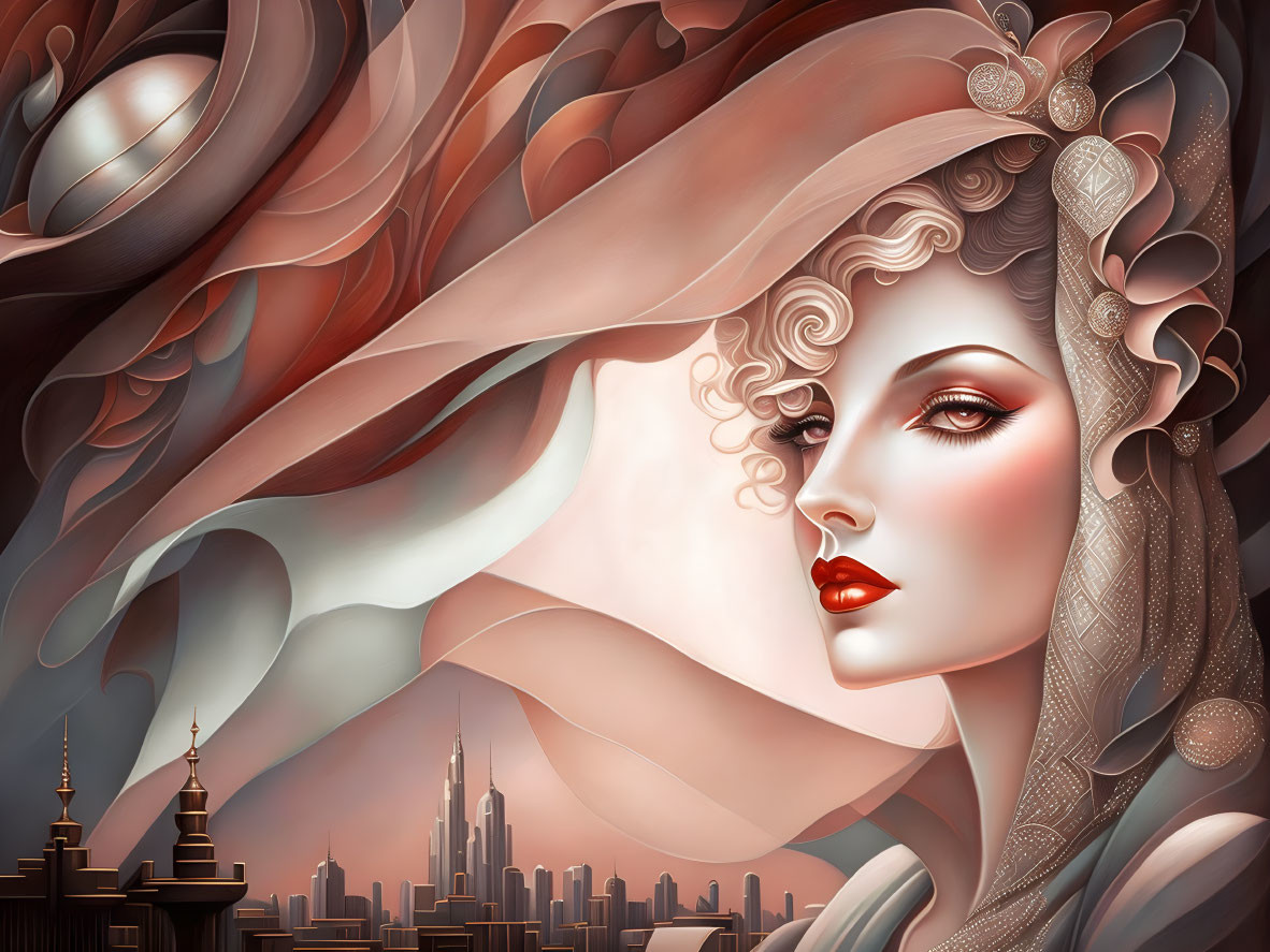 Stylized woman with flowing hair and ornate headpiece in whimsical cityscape.