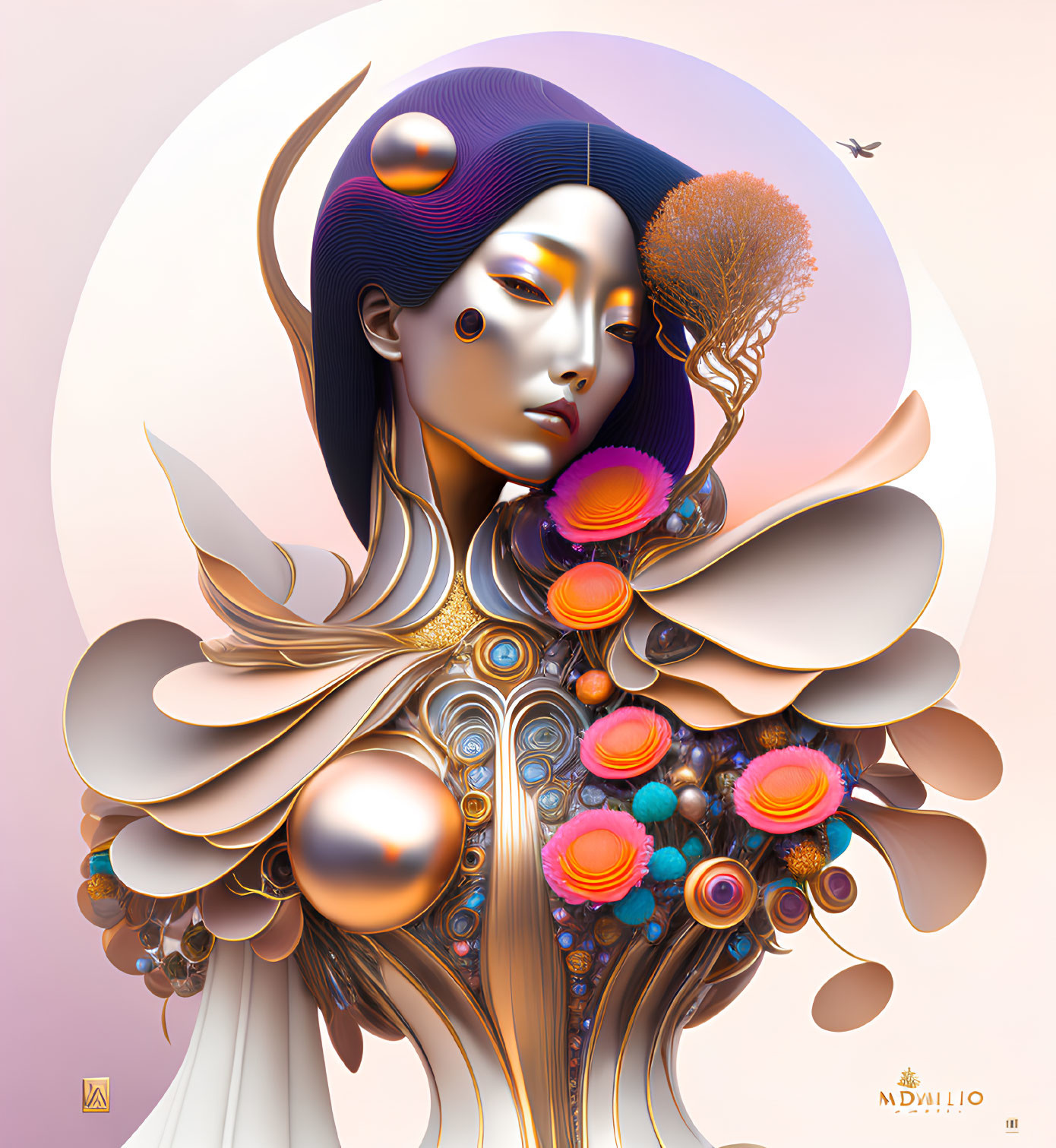 Stylized female figure with elaborate hair and futuristic attire in vibrant colors