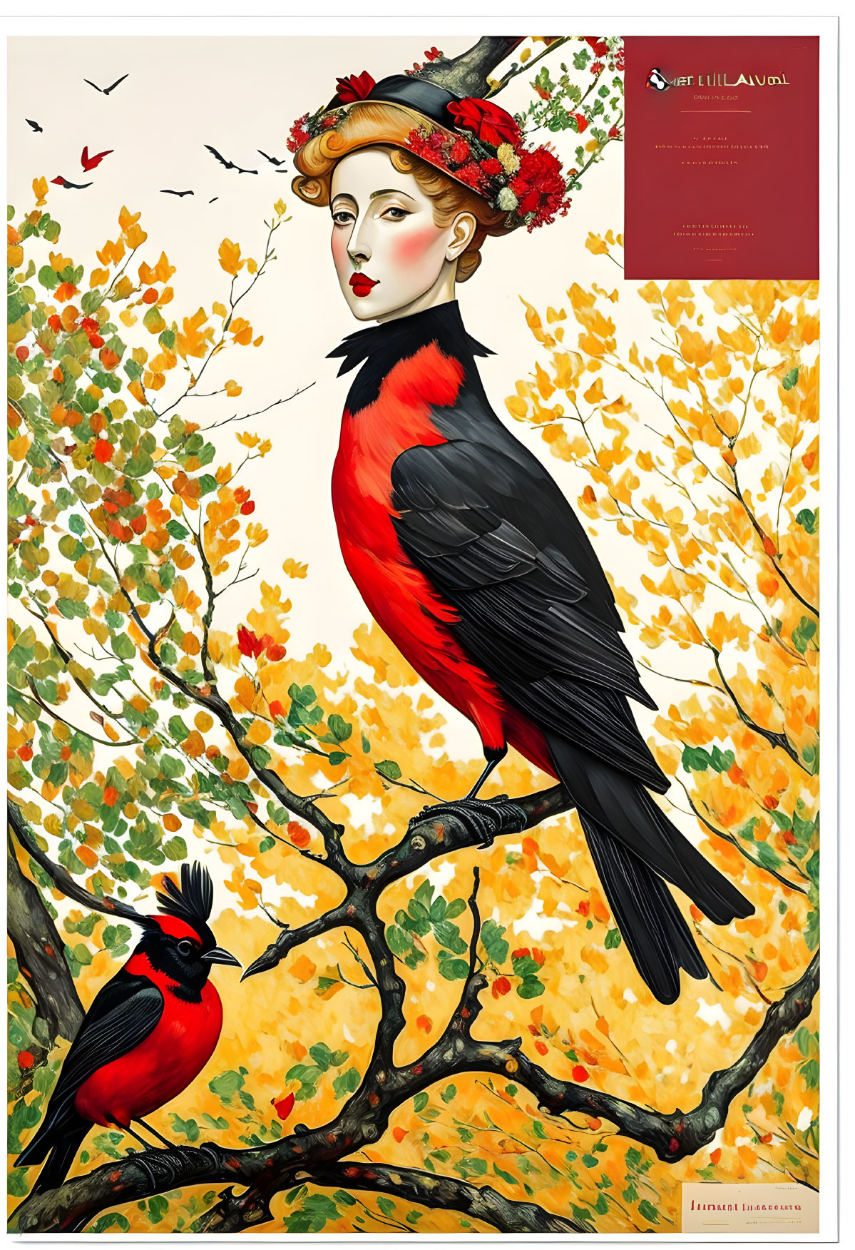 Stylized woman merging into bird surrounded by autumn foliage and cardinals