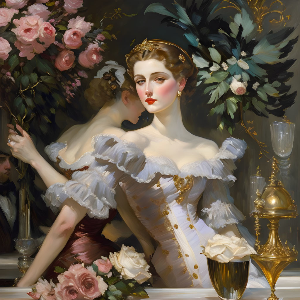 Classic portrait of a woman in a white dress with golden tiara and roses