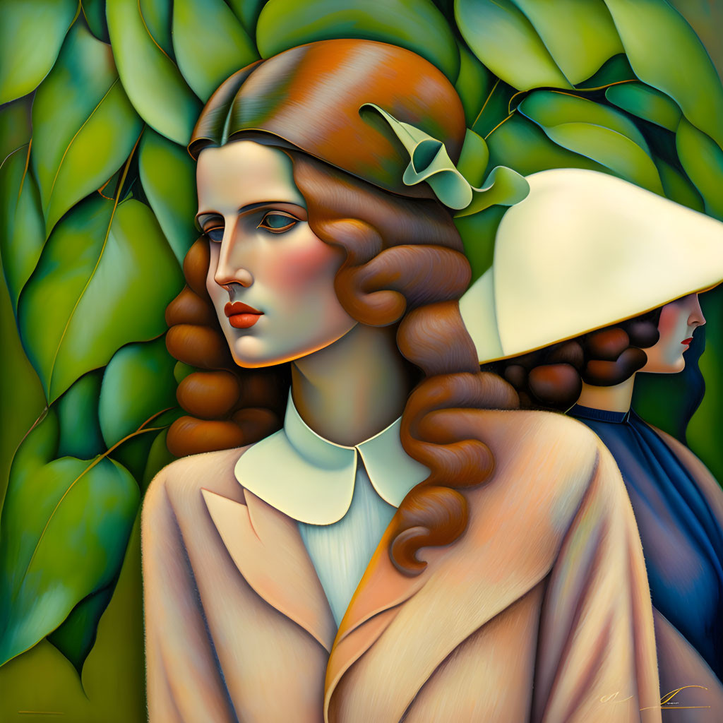 Stylized women in vintage attire with elongated features and wavy hair against leafy green backdrop