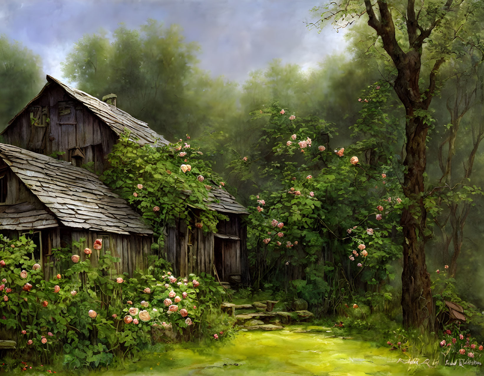 Rustic wooden cabin in lush greenery with blooming pink roses under misty sky