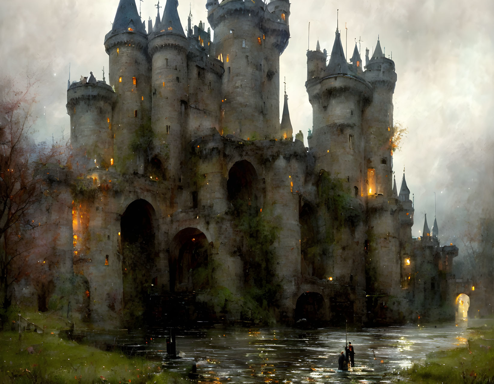 Mystical castle with multiple towers in hazy atmosphere and warm lights by waterfront