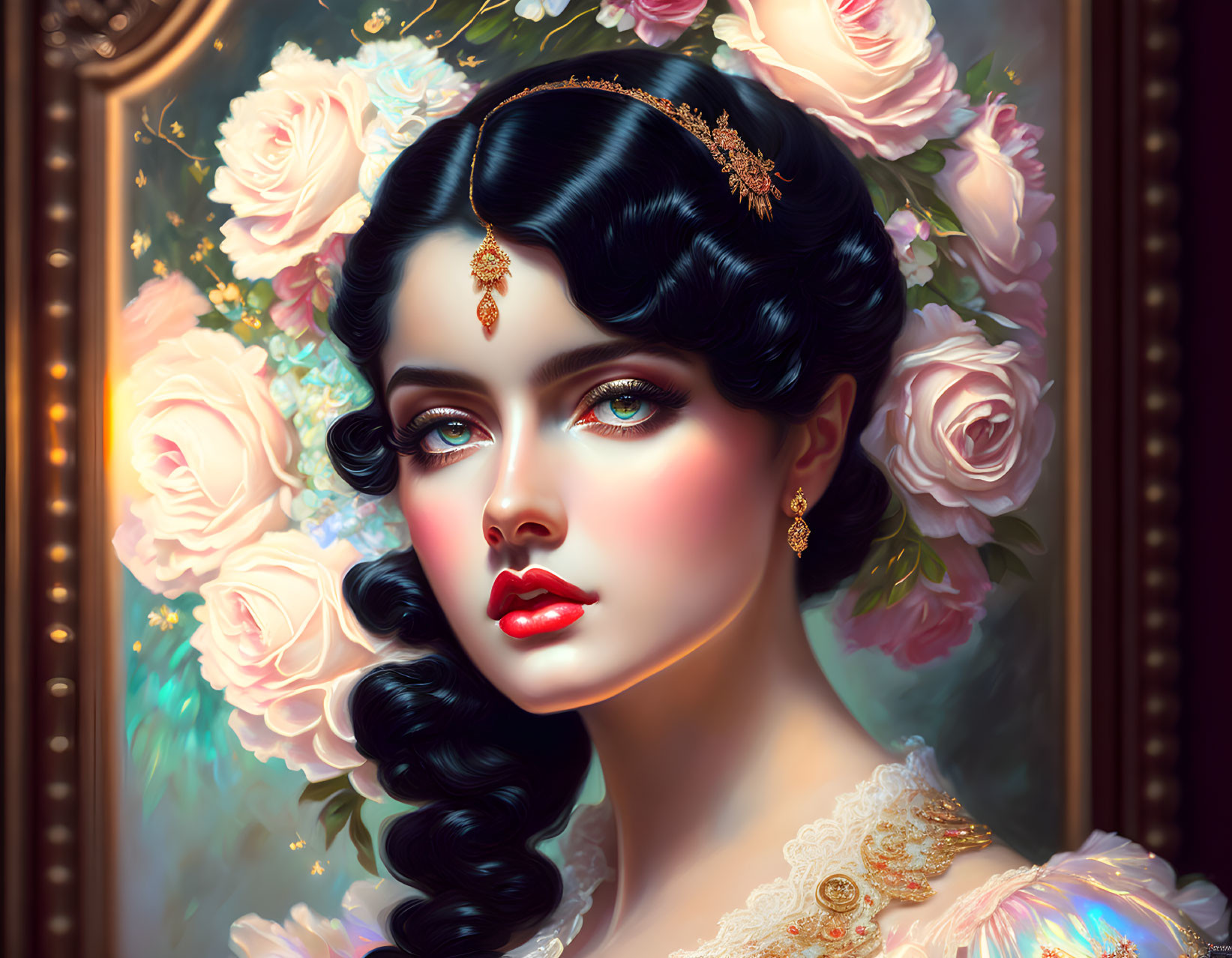 Digital painting of woman with elegant makeup, braided hairstyle, jewelry, vintage dress, framed by roses