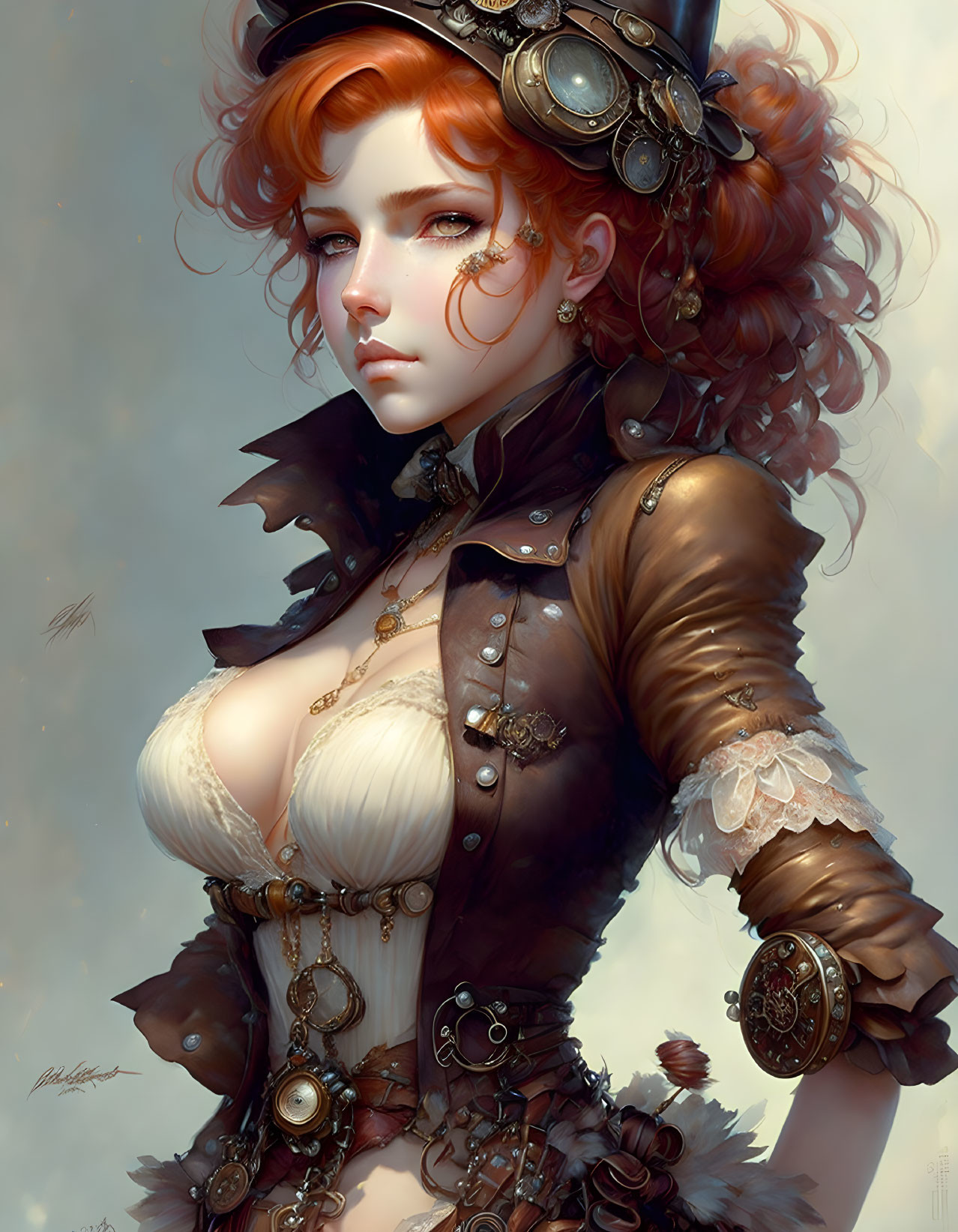 Digital artwork of woman in steampunk attire with red hair