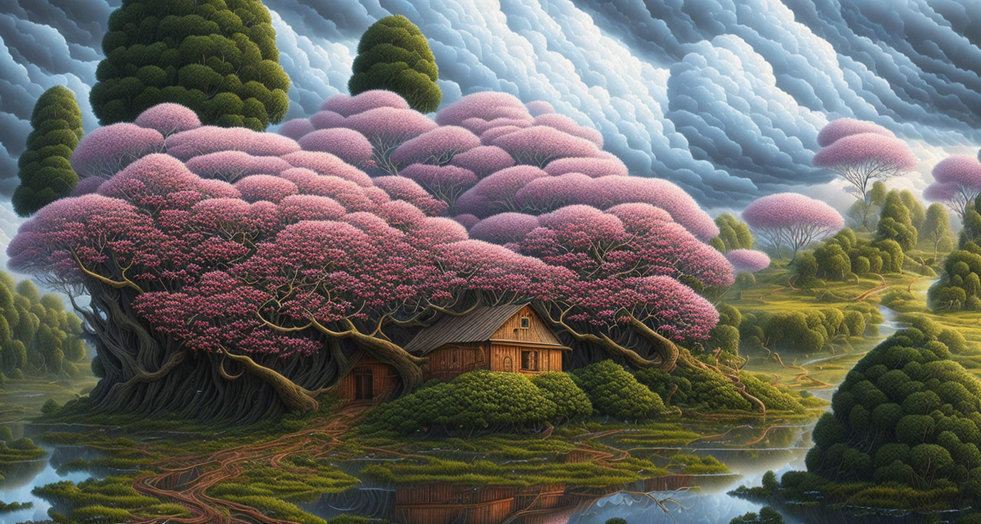 Fantasy landscape with wooden cabin, pink tree, river, and clouds