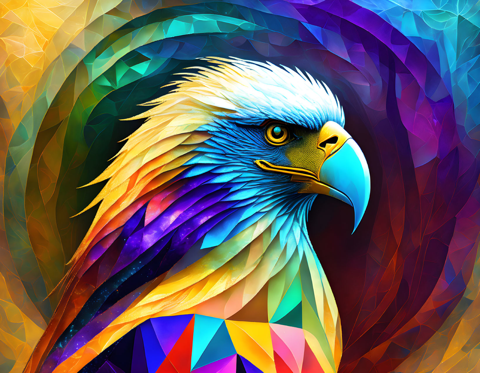 Colorful Geometric Eagle Artwork with Abstract Mosaic Background