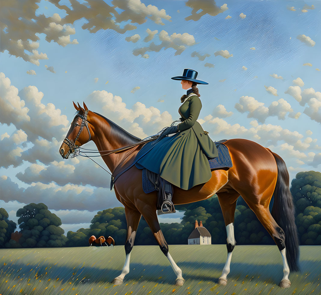 Historical woman riding chestnut horse in pastoral landscape.