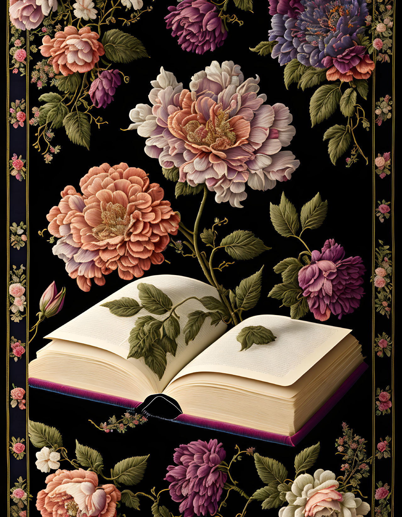 Blank pages in open book with floral peonies on dark background