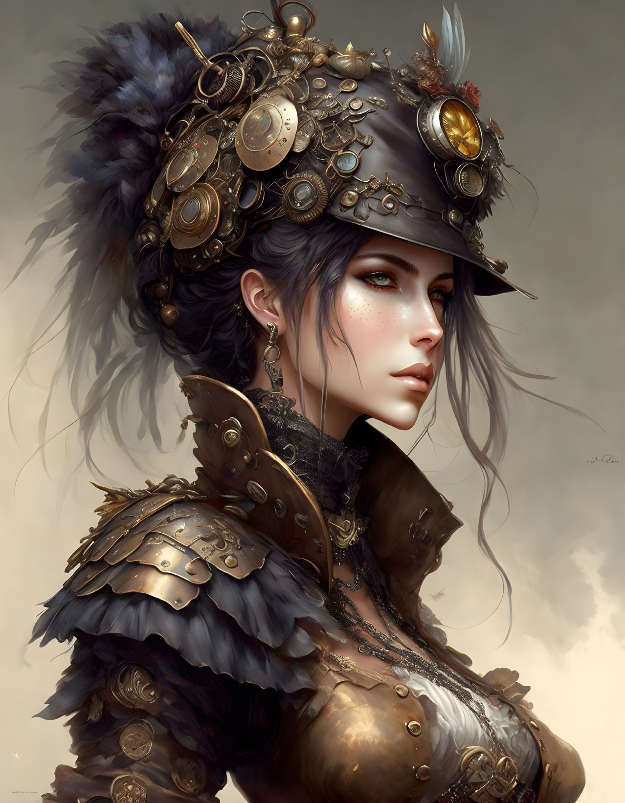 Digital painting of woman in military-style hat with medals and feathers, stoic expression, and ornate