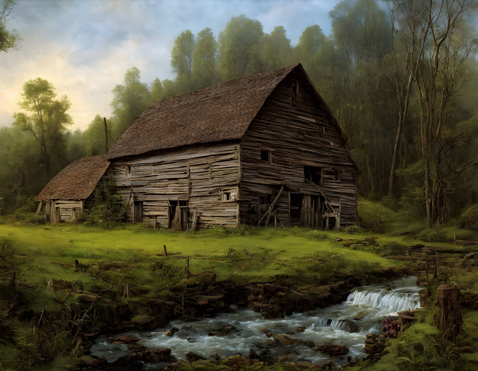 Rustic wooden barn next to stream in forest clearing with sunlight filtering through mist