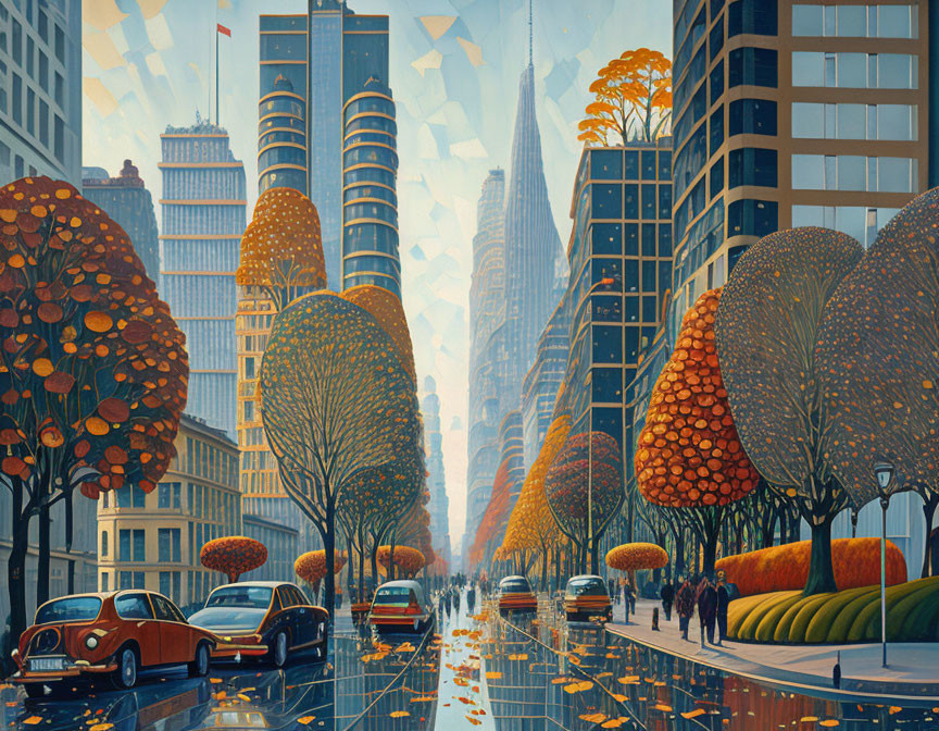 Autumn Cityscape with Orange Trees, Vehicles, and People