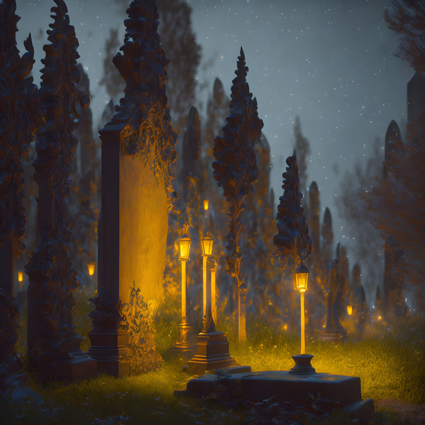 Mystical cemetery night scene with glowing lanterns and starry sky