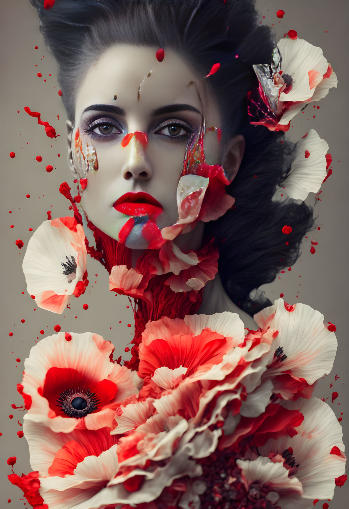 Surreal portrait of woman with pale skin, dark hair, adorned with red and white poppies