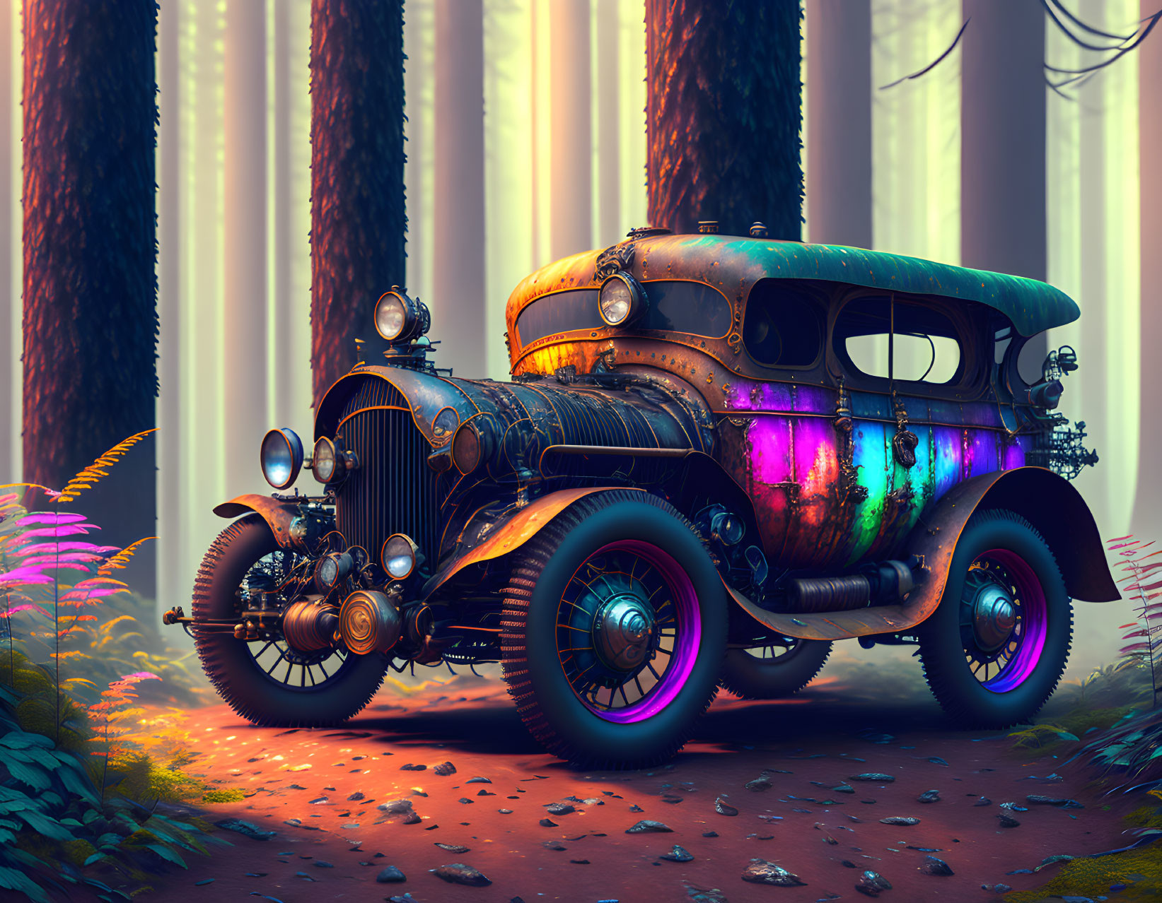 Iridescent vintage car in mystical forest with tall trees