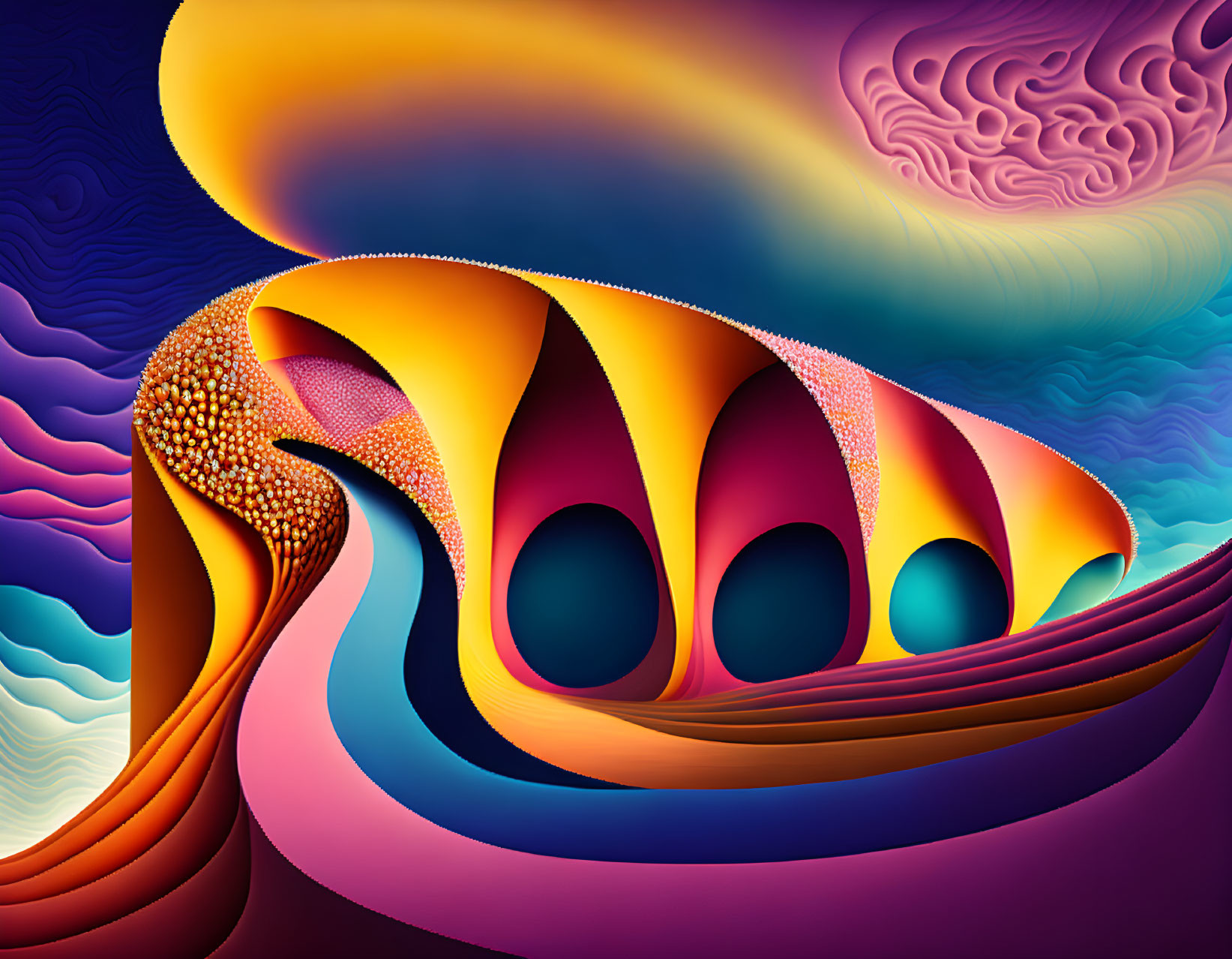 Abstract digital artwork with purple to orange gradients, dotted textures, and wavy patterns