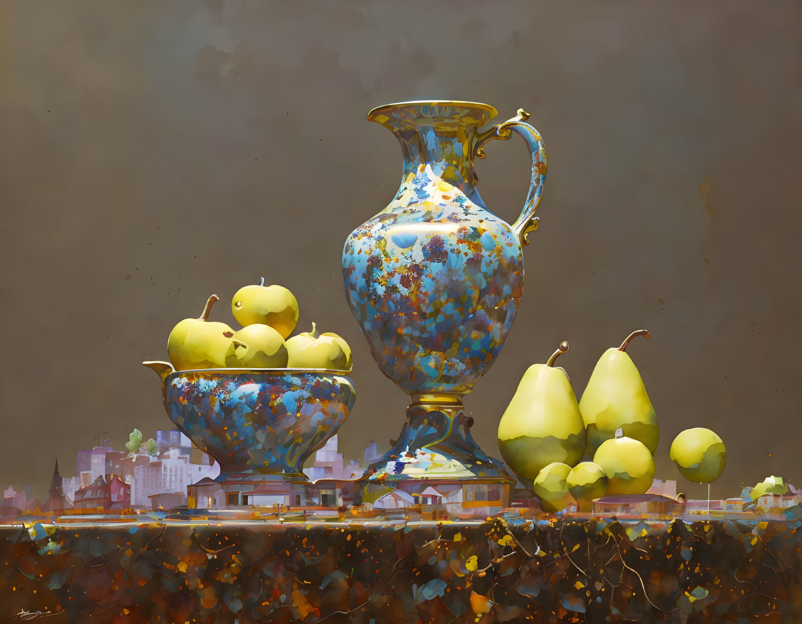 Speckled blue pitcher and bowl with fruits on cityscape background