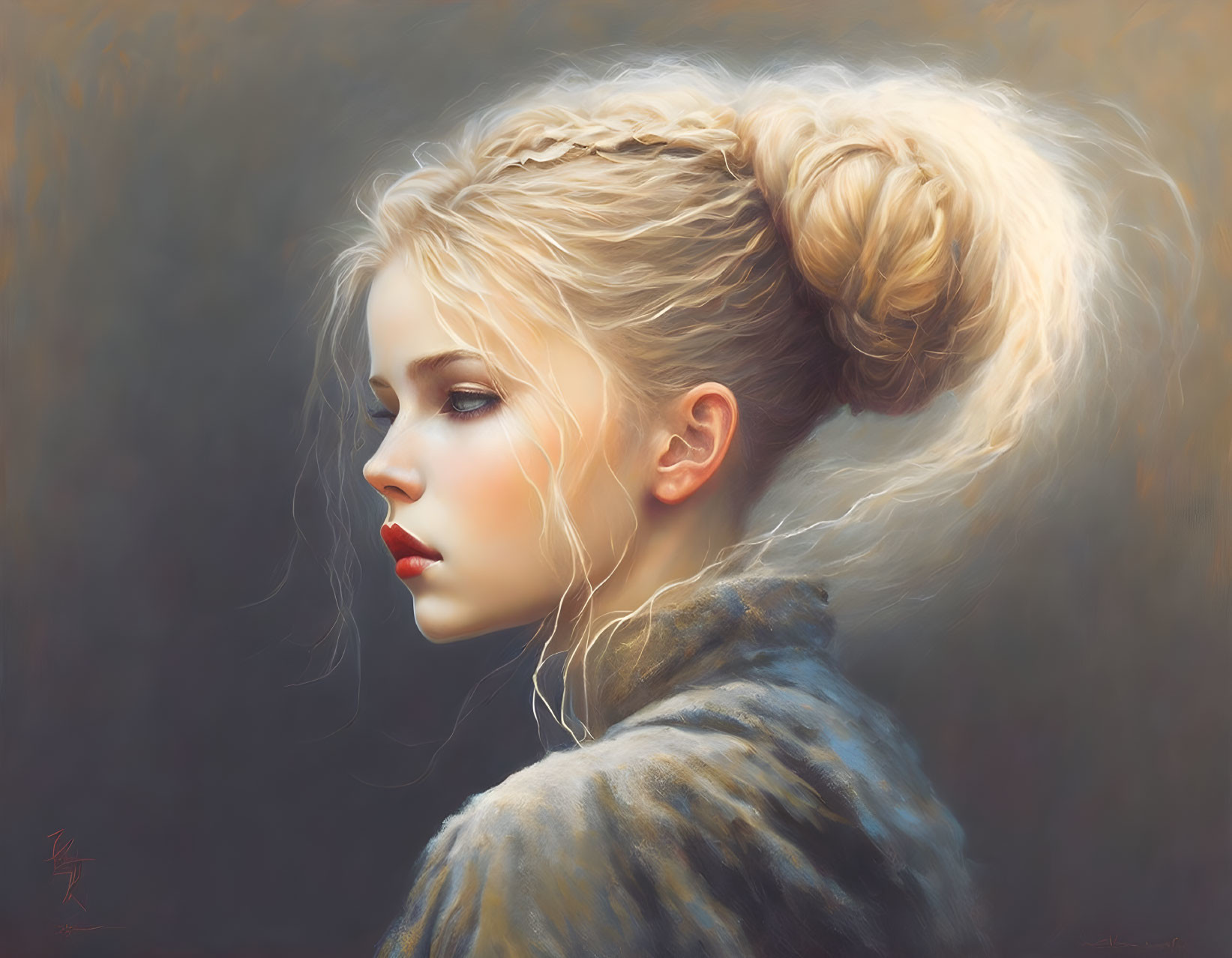 Portrait of woman with braided updo and serene expression