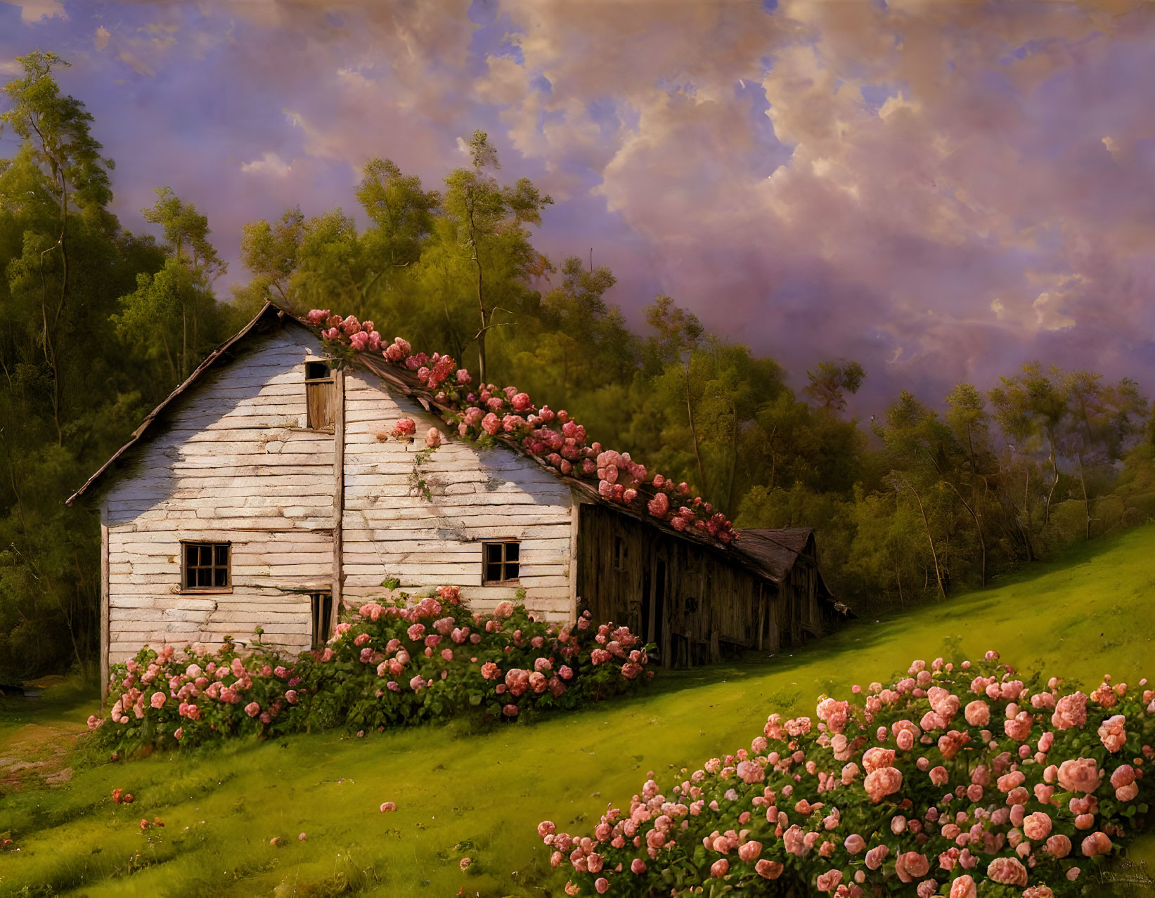 Tranquil landscape with old white cabin, greenery, pink roses, and cloudy sky at dusk