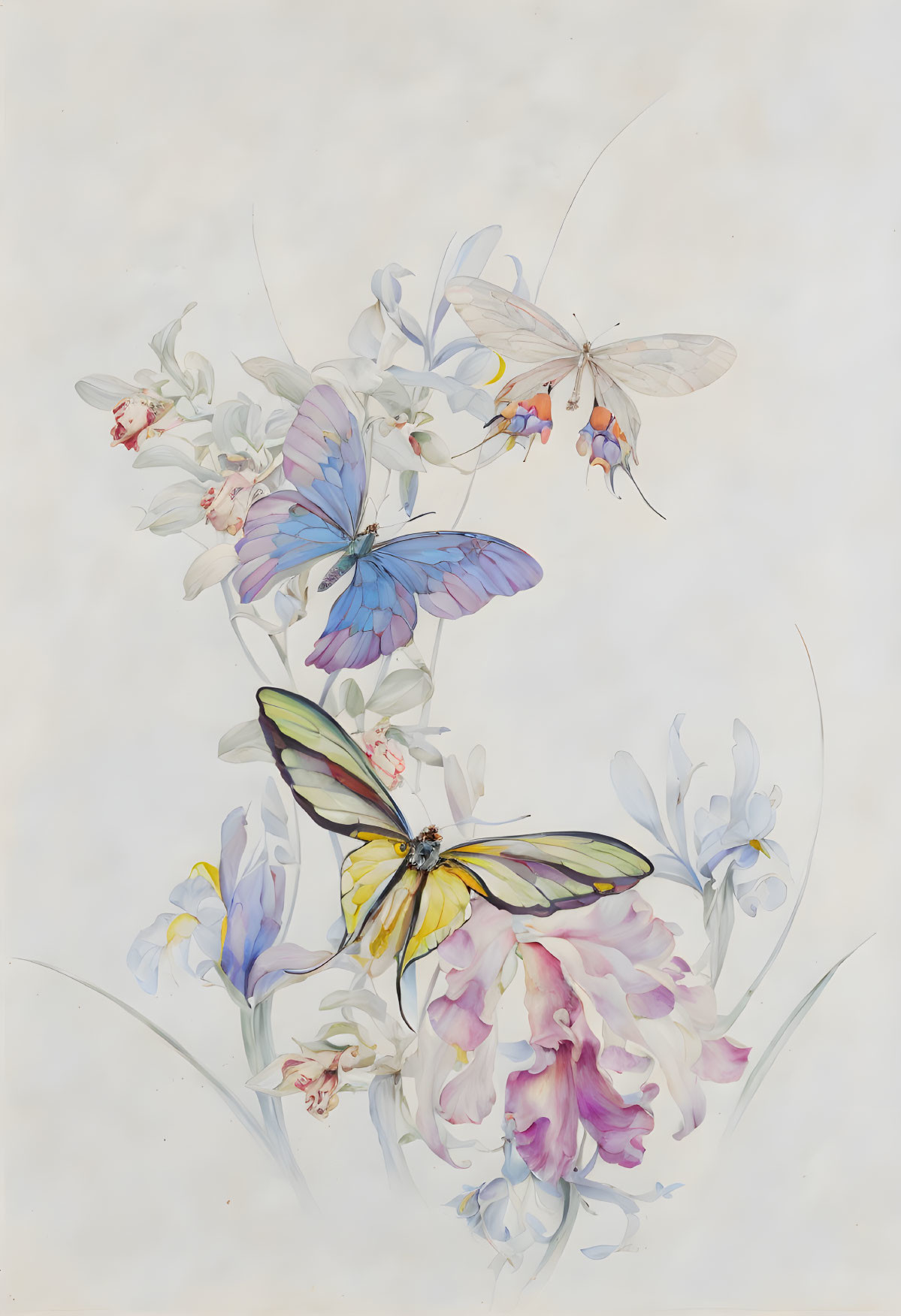 Colorful butterflies and flowers painting with soft lines