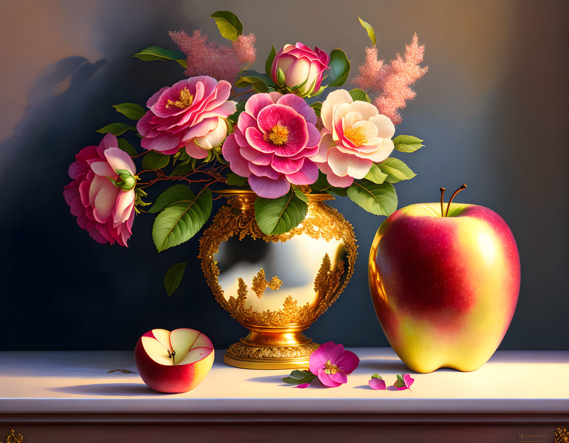 Colorful still life with ornate golden vase, flowers, whole and half apple on reflective surface against