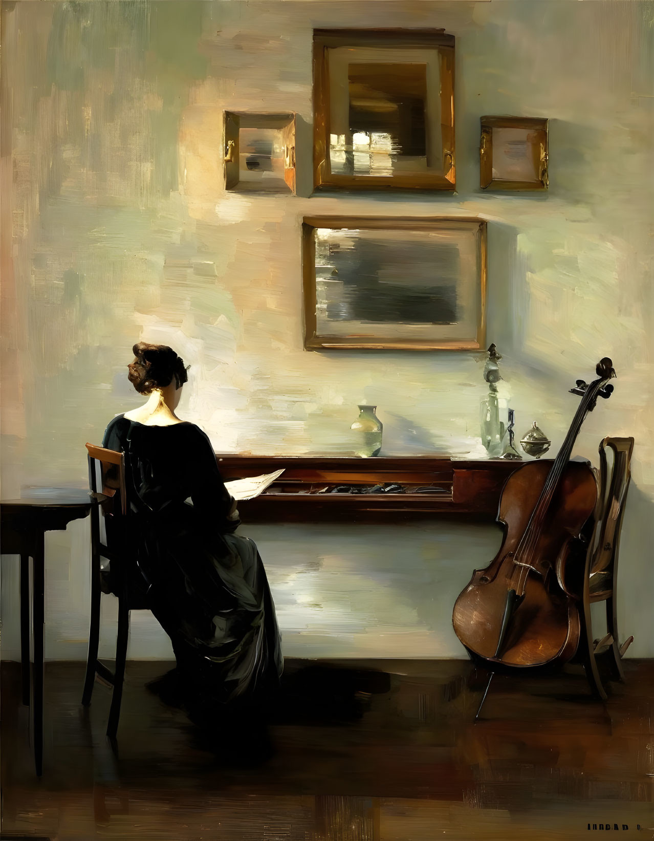 Woman in black dress reading at table with violin in softly lit room