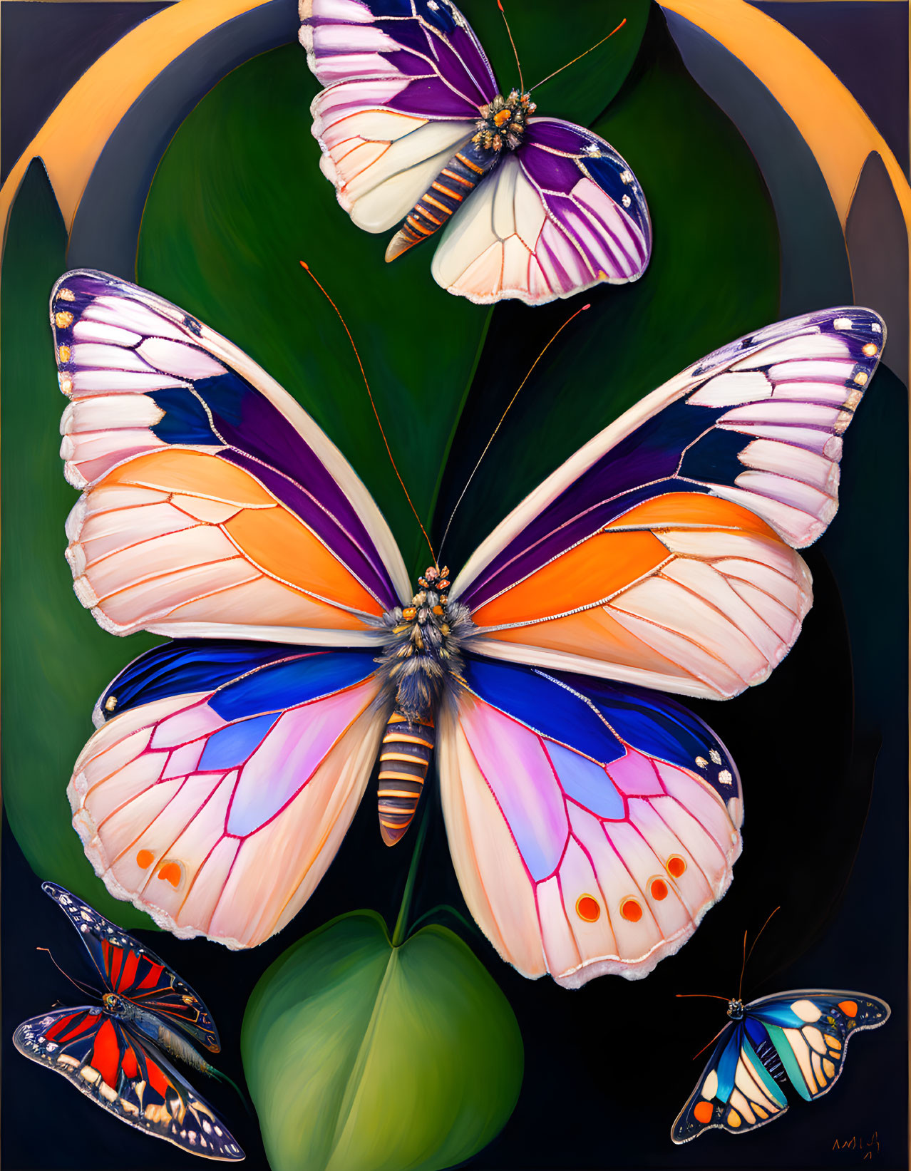 Vibrant stylized butterflies on dark green background