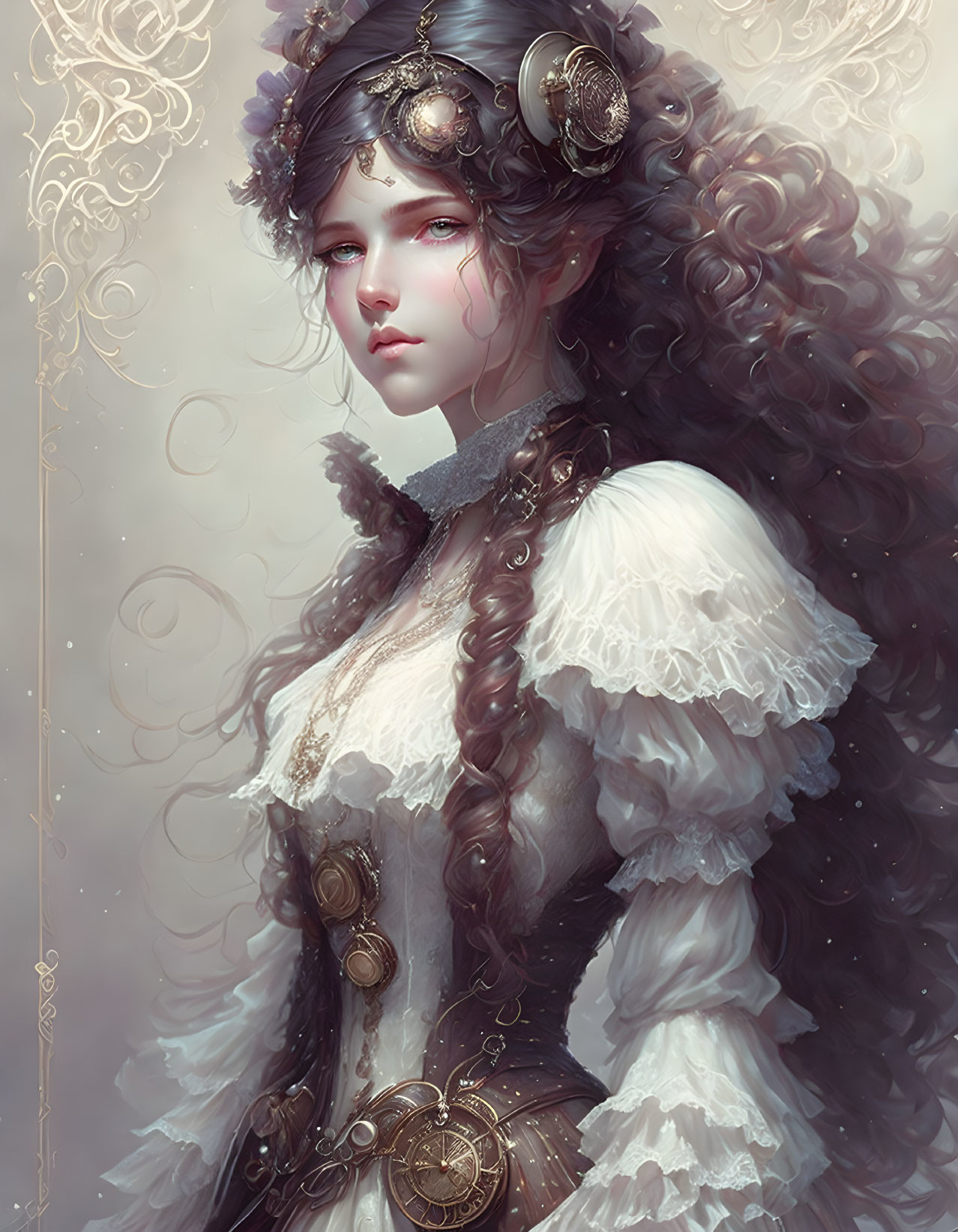 Fantasy portrait of woman with voluminous curly hair and ornate gold accessories