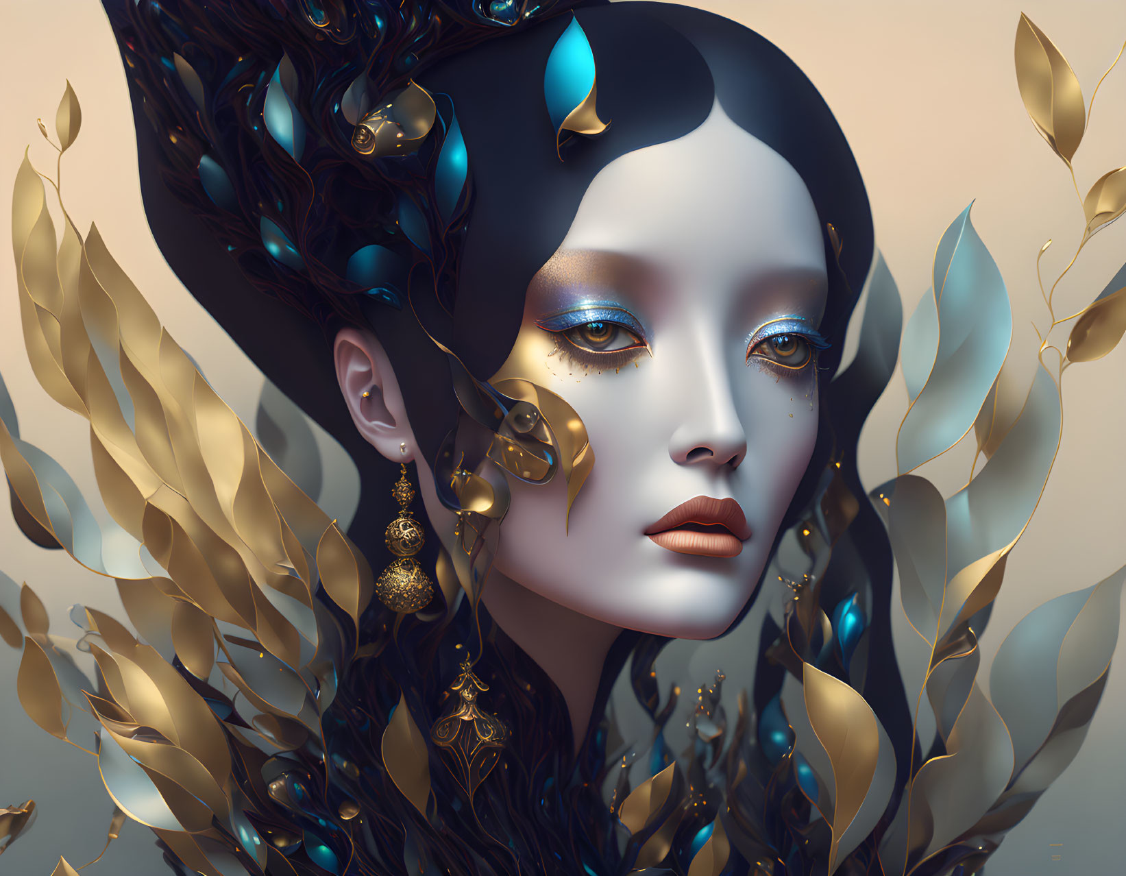 Digital artwork featuring woman with porcelain skin, gold leaf, dark hair with blue and golden adornments