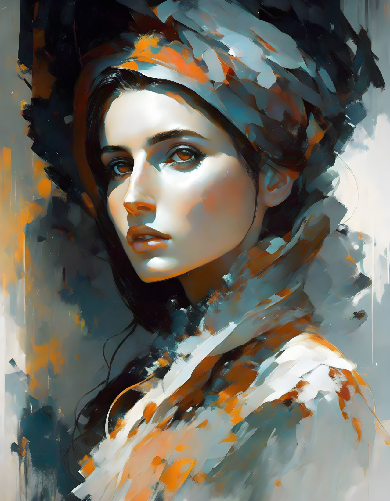 Stylized digital painting of woman in headscarf with warm tones